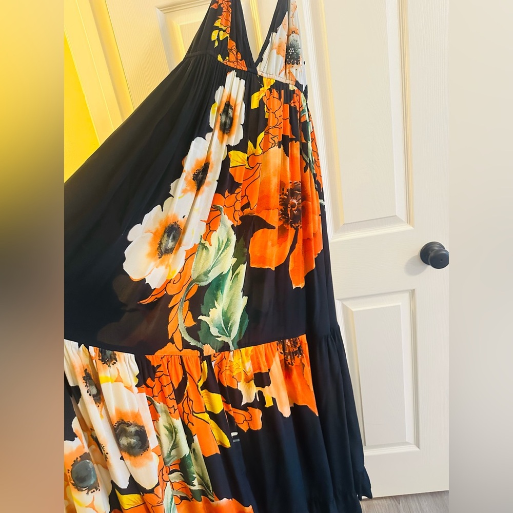 VINTAGE Camilla Long Silk Black Maxi Dress with Orange and Green Floral Design